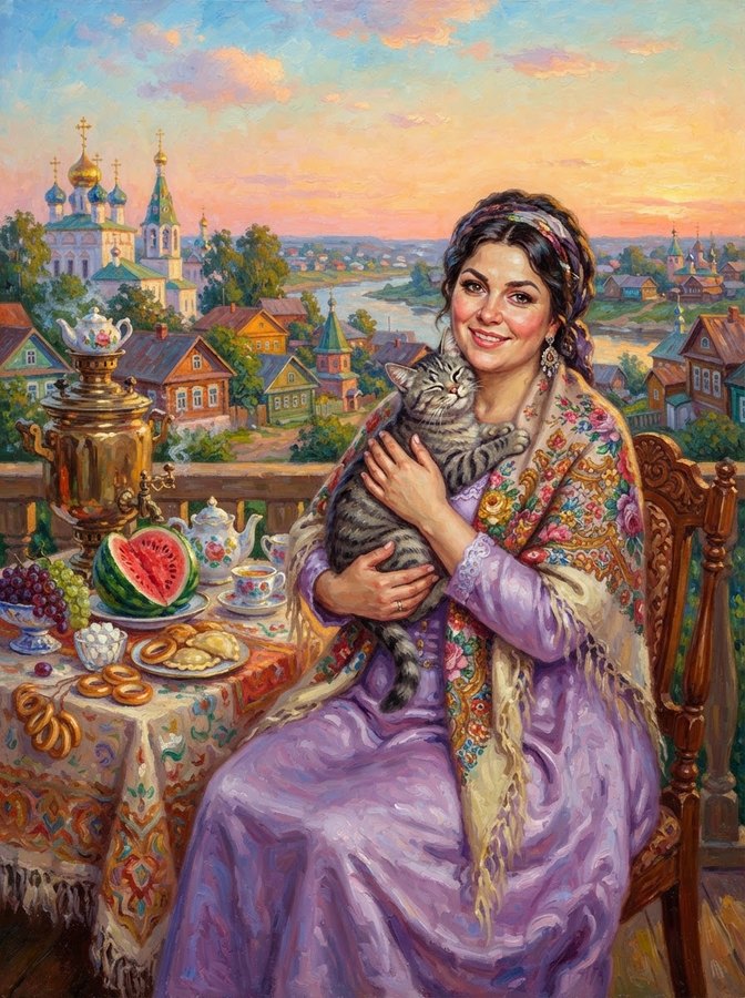 Портрет в стиле «Купчиха с котом (Кустодиев)»