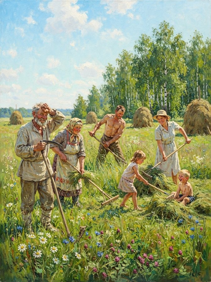 Портрет в стиле «Сенокос (Пластов)»