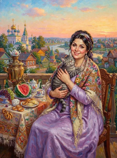 Портрет в стиле «Купчиха с котом (Кустодиев)»